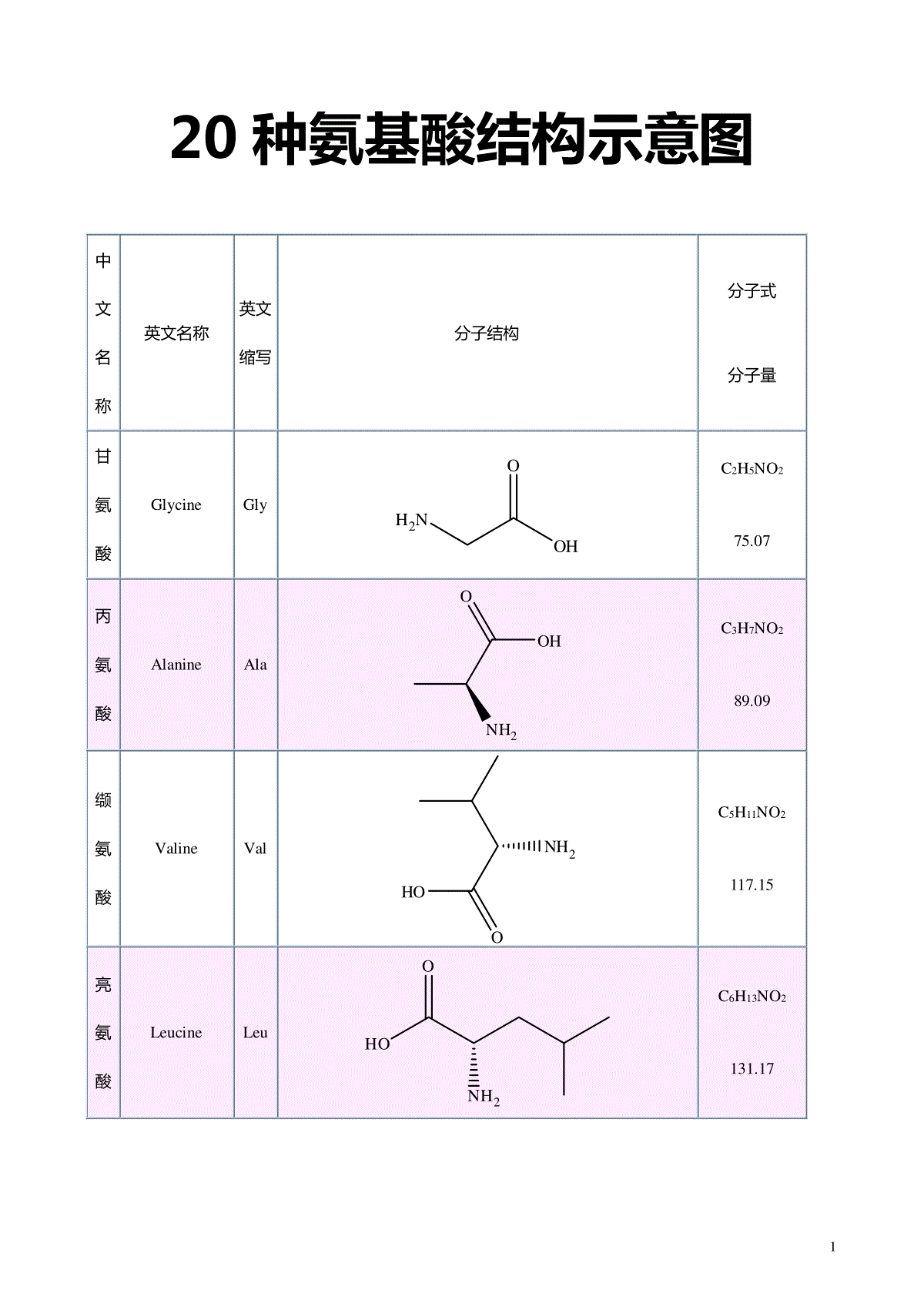 20种氨基酸结构示意图